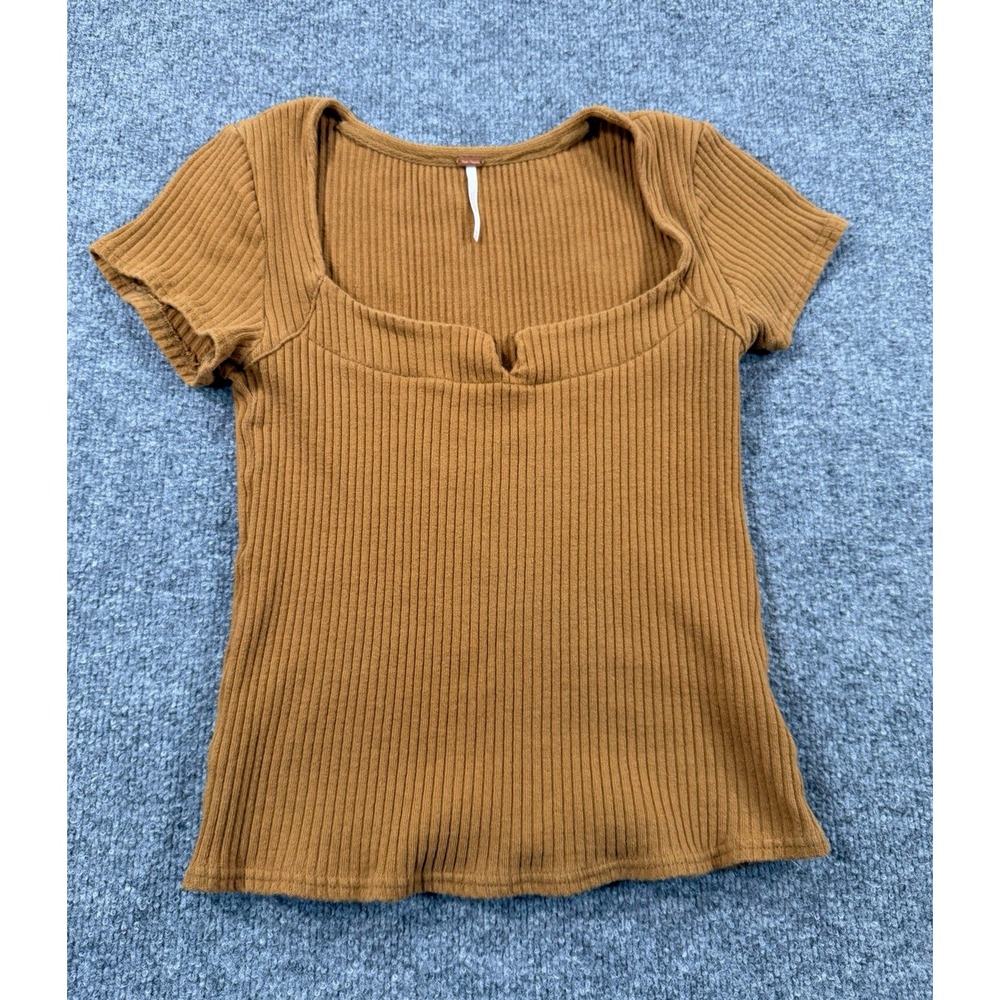 Free People Women's M Brown Ribbed Knit Square Neck Short Sleeve Top